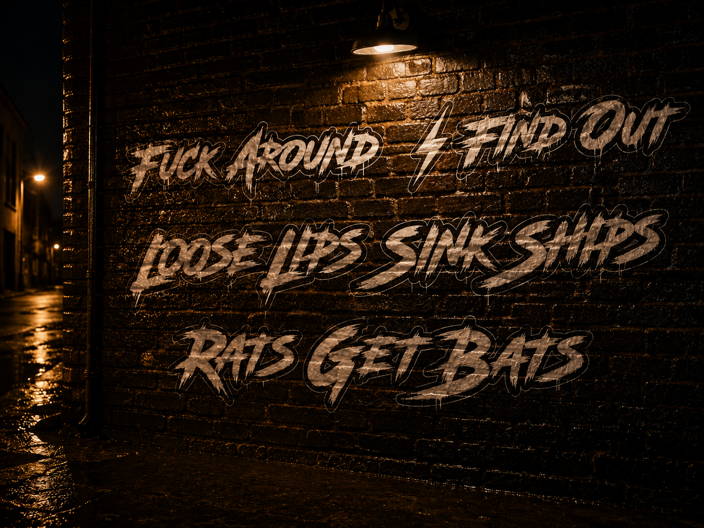 Graffiti-style text painted on a dark brick wall at night under a hanging light, with the words 'FUCK AROUND 4 FIND OUT', 'LOOSE LIPS SINK SHIPS', and 'RATS GET BATS'.